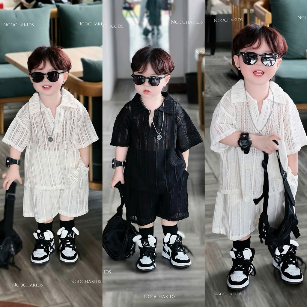 Bộ sơ mi chất dệt kim Cổ V cho bé đi biển,đi chơi chát thoáng mát nhẹ nhàng phong cách Hàn mùa hè cho bé size