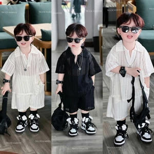 Bộ sơ mi chất dệt kim Cổ V cho bé đi biển,đi chơi chát thoáng mát nhẹ nhàng phong cách Hàn mùa hè cho bé size