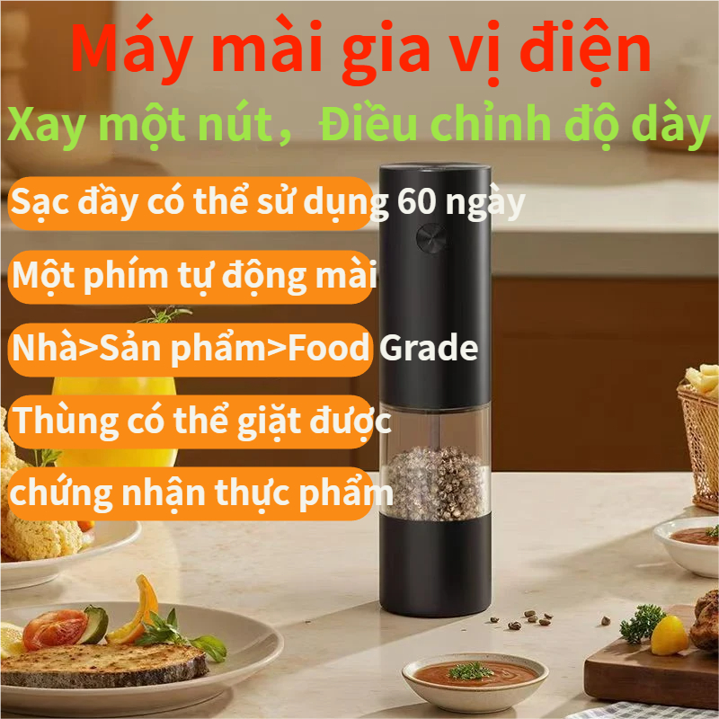 Máy Xay Tiêu Tự Động Một Nút | Ngăn Trong Suốt Dung Lượng Lớn | Dễ Vệ Sinh |Dùng Cho Nhà Bếp & Nướng BBQ