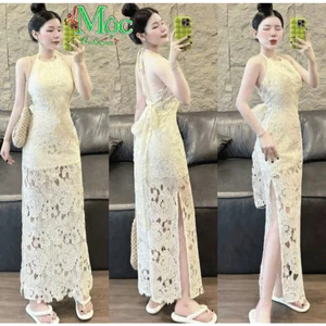 DX_Đầm váy dài, đầm thiết kế đi biển Ren cổ yếm thắt nơ xẻ tà khoét hoa hai lớp sang trọng đi tiệc