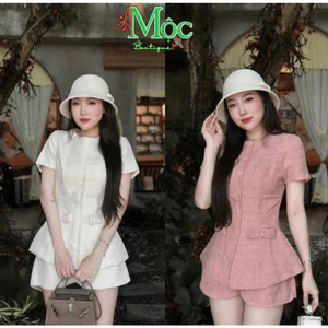 Set bộ đùi, set dự tiệc thiết kế thời trang Linen áo tay ngắn nút bọc cổ tròn đính nơ kèm quần đùi