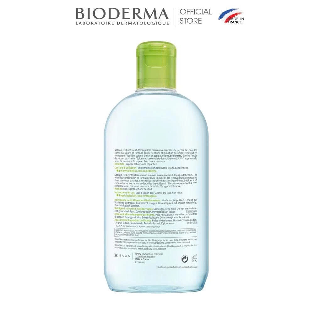 Dung dịch làm sạch và tẩy trang công nghệ Micellar cho da hỗn hợp, da dầu, và da mụn Bioderma Sebium H2O - 500ml