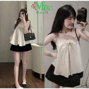 Set váy ngắn, Set tiểu thư áo babydoll nơ 2 dây Tuyết Mưa kèm chân váy mini có quần trong