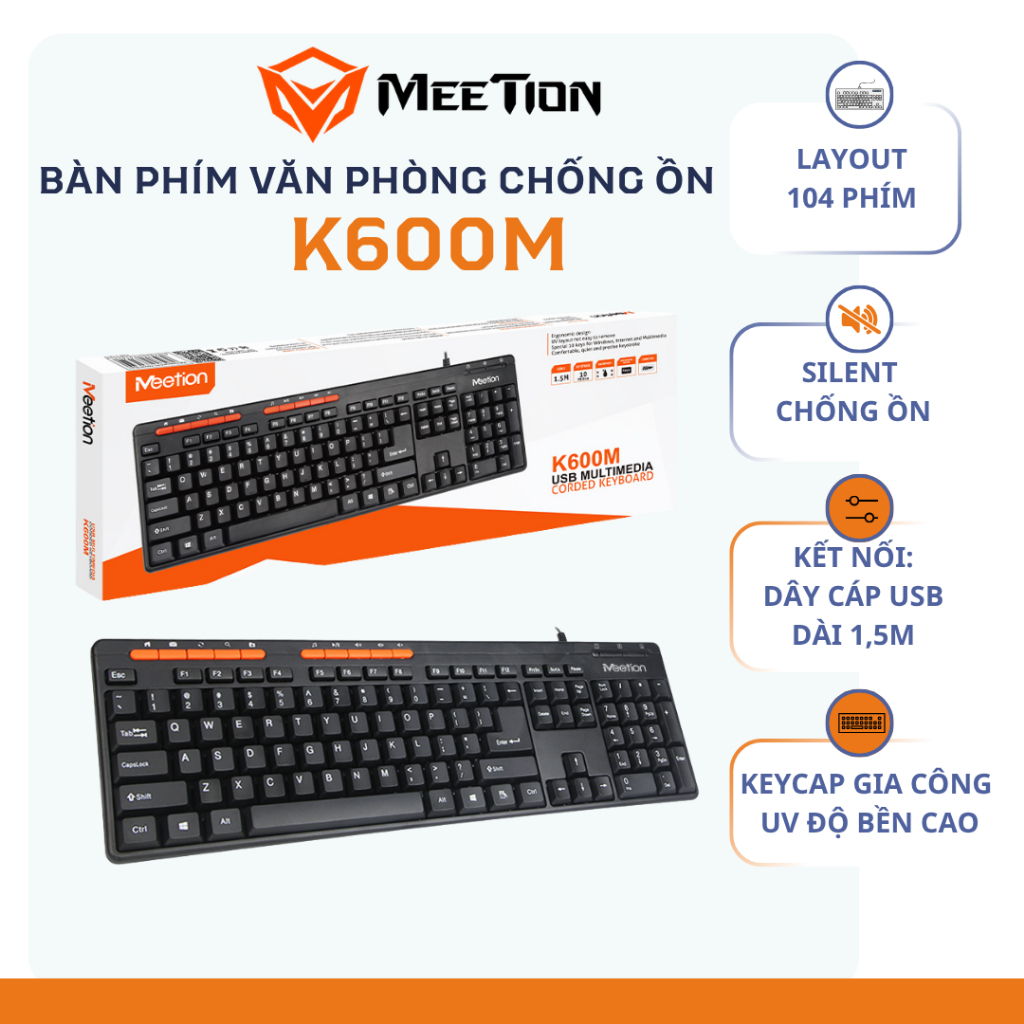 Bàn phím văn phòng chống ồn Meetion K600M, 104 phím, thiết kế Ergonomic, keycap khắc UV độ bền cao