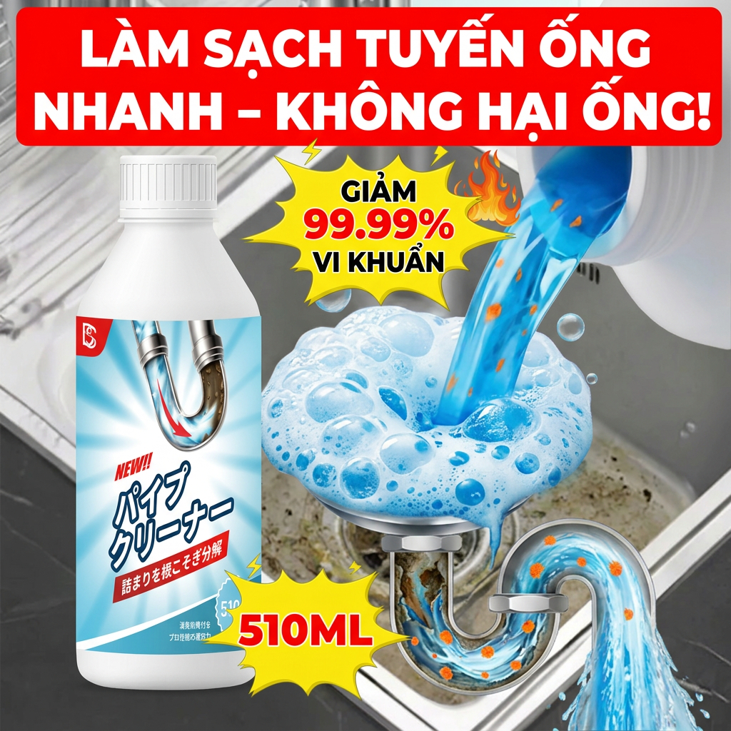 Nước Thông Cống Cực Mạnh BS Thông Tắc Bồn Cầu, Bồn Rửa Bát, Đường Ống Nhanh Chóng, Hiệu Quả 510ML