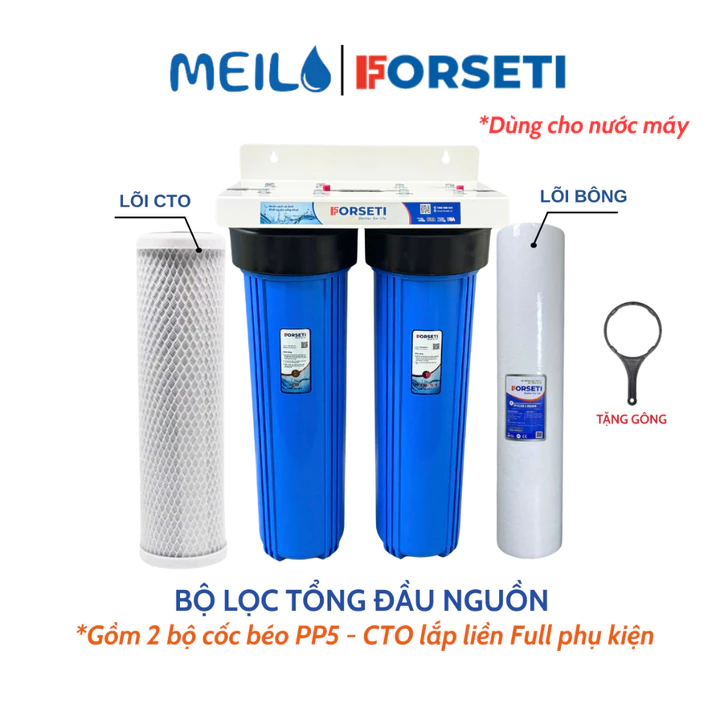 Bộ Lọc Đầu Nguồn 2 Cốc Béo 20inch Lắp Sẵn, Cốc Béo Jumbo Lọc Nước Sinh Hoạt Dùng Cho Nước Máy, Nước Giếng Khoan