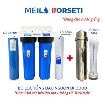 Bộ Lọc Nước Đầu Nguồn, Siêu Lọc UF Gồm 2 Cốc Béo (Lõi PP5 + Cation/CTO) + Màng UF 3000 L/h, Lọc Nước Sinh Hoạt Gia Đình