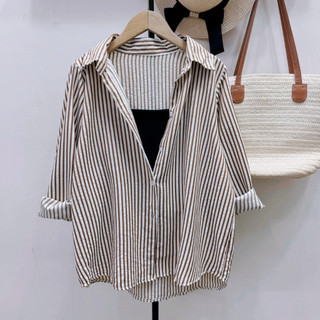 Set Áo Sơ Mi Bigsize Nữ Phối Áo Dây Năng Động Vải Linen Kẻ Sọc Mặc Mát A196+G118