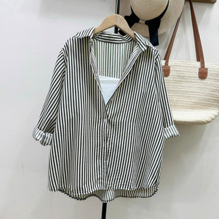 Set Áo Sơ Mi Bigsize Nữ Phối Áo Dây Năng Động Vải Linen Kẻ Sọc Mặc Mát A196+G118