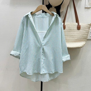Set Áo Sơ Mi Bigsize Nữ Phối Áo Dây Năng Động Vải Linen Kẻ Sọc Mặc Mát A196+G118
