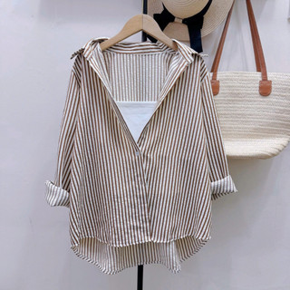 Set Áo Sơ Mi Bigsize Nữ Phối Áo Dây Năng Động Vải Linen Kẻ Sọc Mặc Mát A196+G118