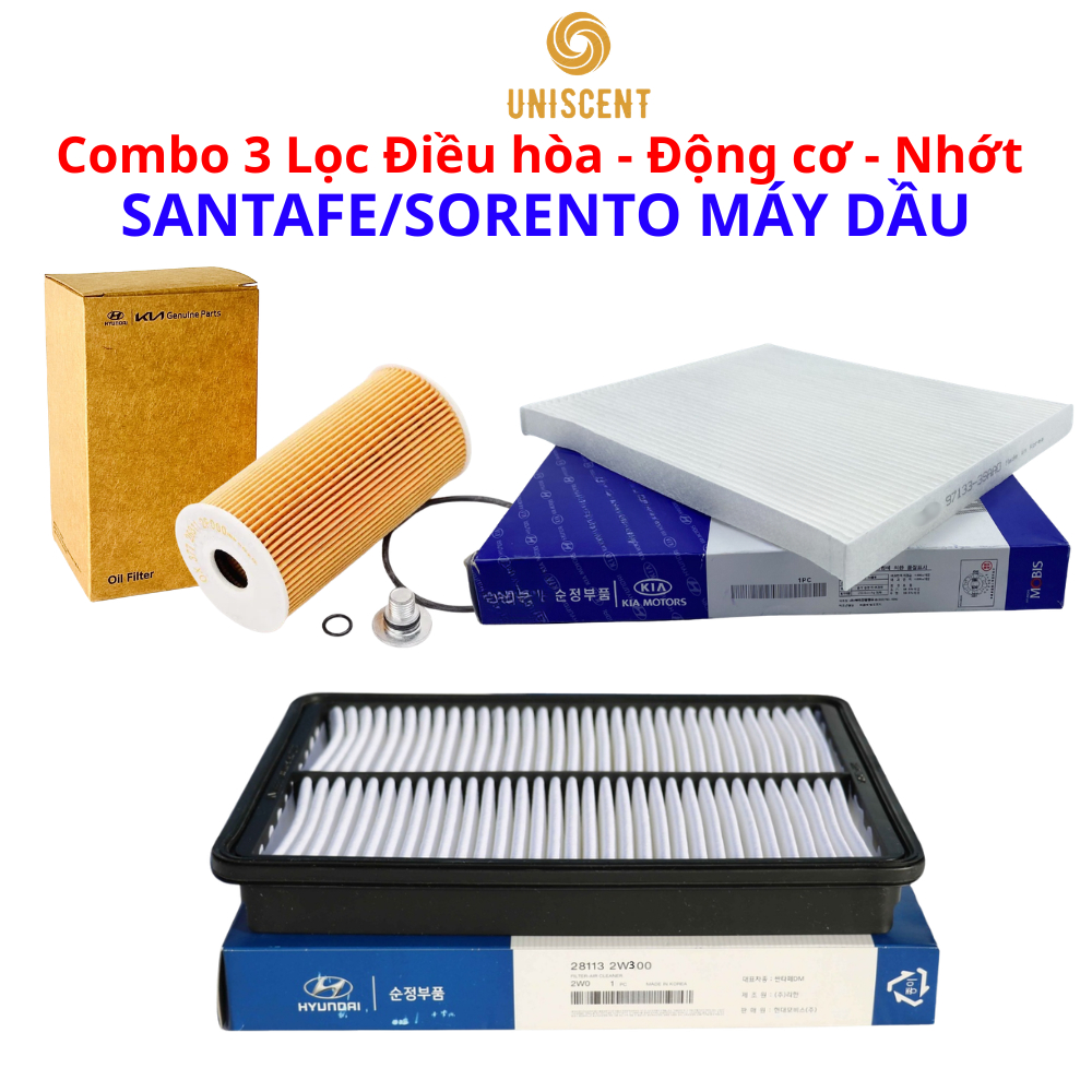Combo 3 Lọc Điều Hòa- Động Cơ- Lọc Nhớt SantaFe/ Sorento Máy Dầu ( 263202F000,971333SAA0,281132W300)
