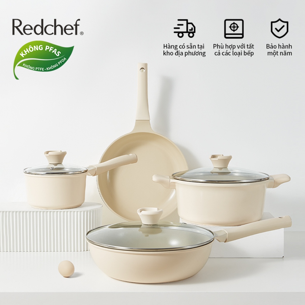 Redchef Bộ dụng cụ nấu ăn chống dính gốm Rock 7 chiếc không chứa PFAS PTFE phù hợp cho mọi loại