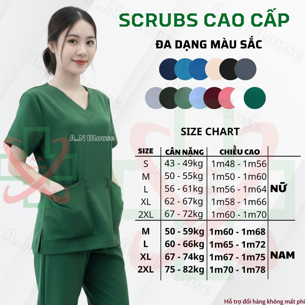 Bộ Cao Cấp Scrubs Cotton đủ màu cho NAM và NỮ- đồng phục kỹ thuật viên phục vụ bệnh viện, phòng khám, spa, thẩm mỹ viện