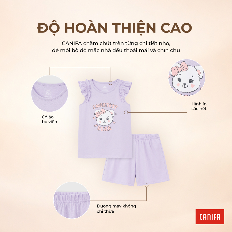 Bộ quần áo bé gái CANIFA cộc tay phối màu có hình in PS26 1LS26S001