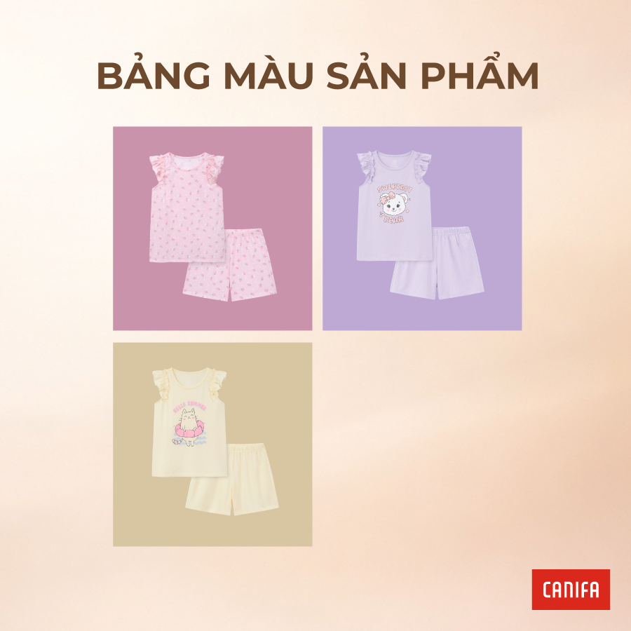 Bộ quần áo bé gái CANIFA cộc tay phối màu có hình in PS26 1LS26S001
