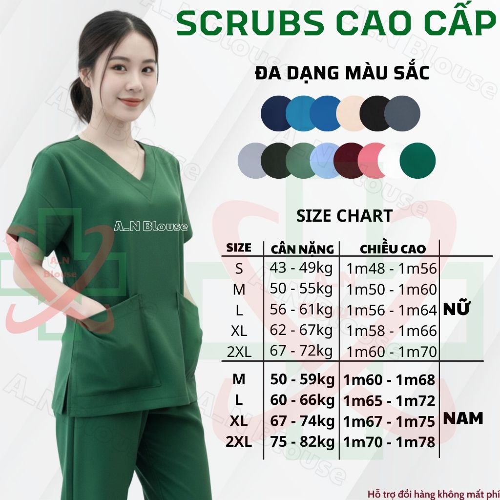Bộ Scrubs Cotton Hàn - XANH LÁ - đồng phục kỹ thuật viên phục vụ bệnh viện, phòng khám, spa, thẩm mỹ viện
