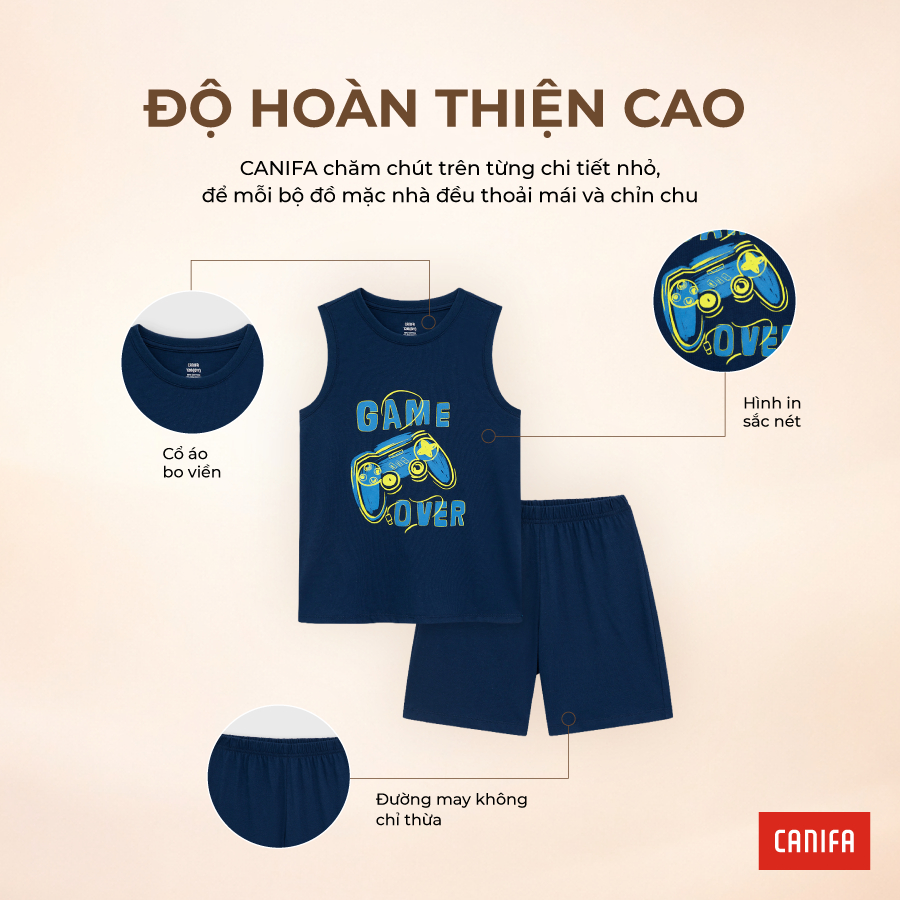 Bộ quần áo bé trai CANIFA áo ba lỗ quần đùi có hình in PS26 2LS26S004
