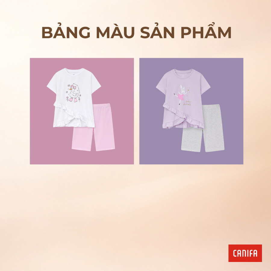 Bộ quần áo bé gái CANIFA áo thun cộc tay phối bèo quần short lửng có hình in 1LS26S004