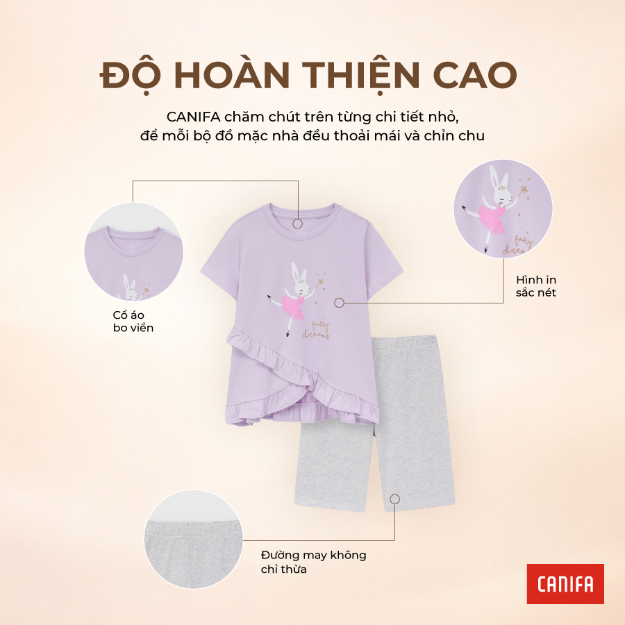 Bộ quần áo bé gái CANIFA áo thun cộc tay phối bèo quần short lửng có hình in 1LS26S004