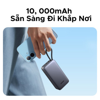 Sạc dự phòng 65W 10000mAh UGREEN có cáp USB-C tích hợp, màn hình kỹ thuật số, phích cắm có thể gập lại màu xám