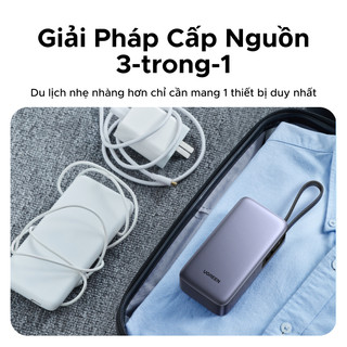 Sạc dự phòng 65W 10000mAh UGREEN có cáp USB-C tích hợp, màn hình kỹ thuật số, phích cắm có thể gập lại màu xám
