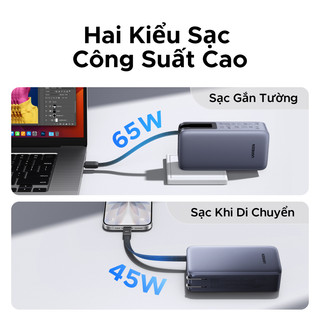 Sạc dự phòng 65W 10000mAh UGREEN có cáp USB-C tích hợp, màn hình kỹ thuật số, phích cắm có thể gập lại màu xám