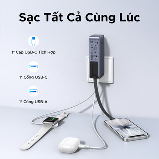 Sạc dự phòng 65W 10000mAh UGREEN có cáp USB-C tích hợp, màn hình kỹ thuật số, phích cắm có thể gập lại màu xám