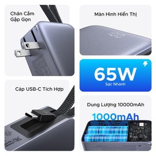 Sạc dự phòng 65W 10000mAh UGREEN có cáp USB-C tích hợp, màn hình kỹ thuật số, phích cắm có thể gập lại màu xám