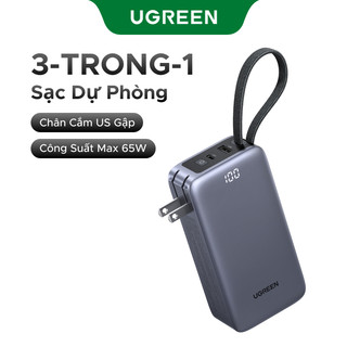 Sạc dự phòng 65W 10000mAh UGREEN có cáp USB-C tích hợp, màn hình kỹ thuật số, phích cắm có thể gập lại màu xám