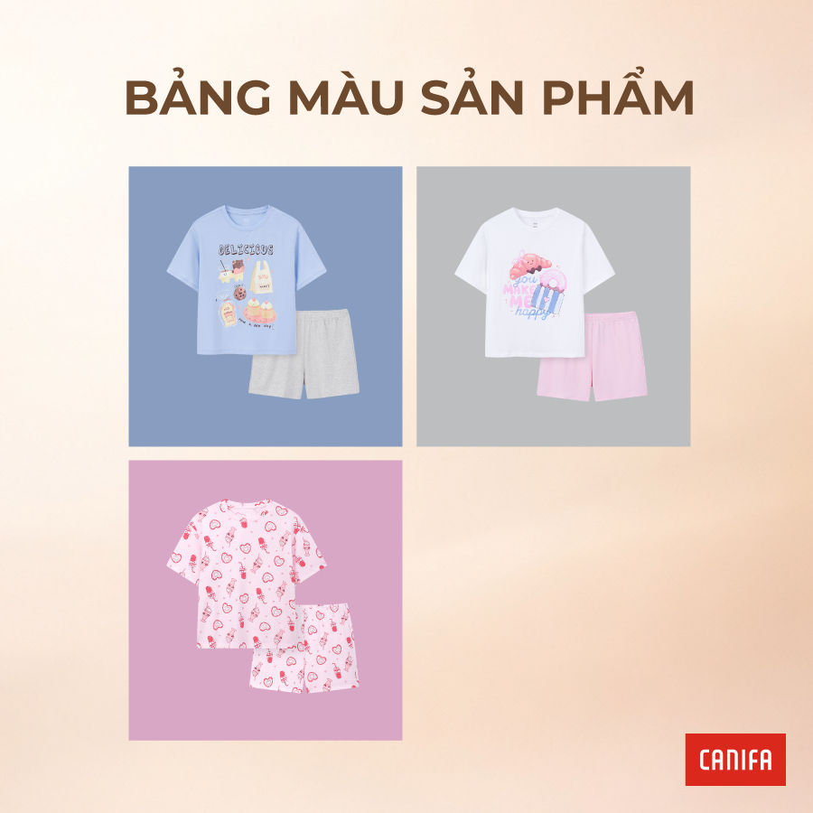 Bộ quần áo bé gái CANIFA áo thun cộc tay in họa tiết quần short chất cotton pha 1LS26S005