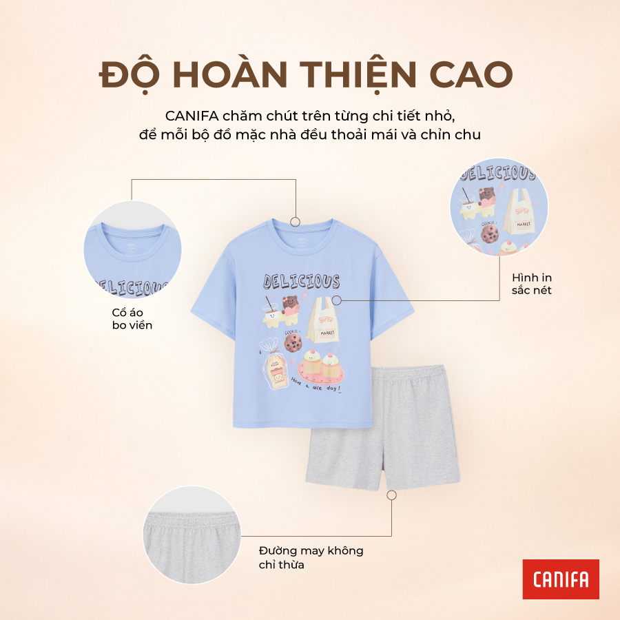 Bộ quần áo bé gái CANIFA áo thun cộc tay in họa tiết quần short chất cotton pha 1LS26S005