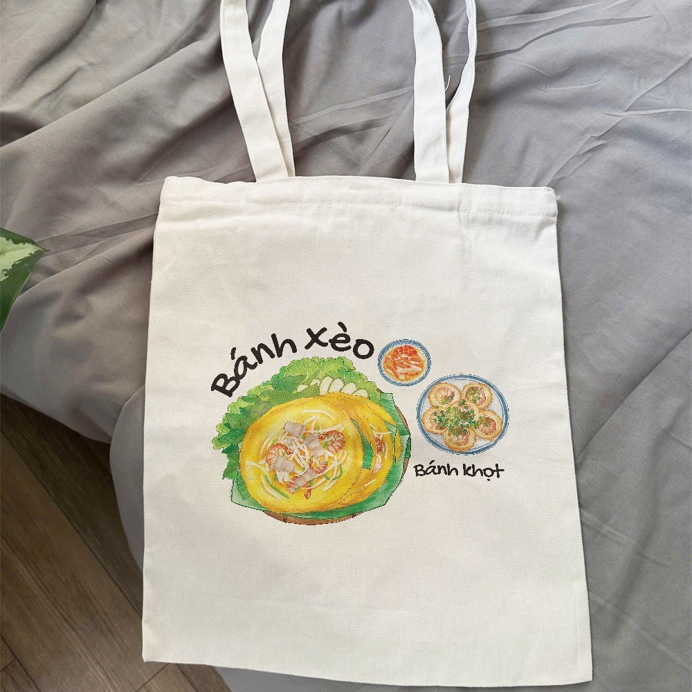 Túi tote vải canvas bộ sưu tập ẨM THỰC MÓN ĂN VIỆT NAM CÓ KHÓA KÉO kích thước 35x40cm túi vải đeo vai tota0305