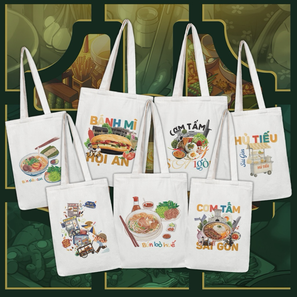 Túi tote vải canvas bộ sưu tập ẨM THỰC MÓN ĂN VIỆT NAM CÓ KHÓA KÉO kích thước 35x40cm túi vải đeo vai tota0305