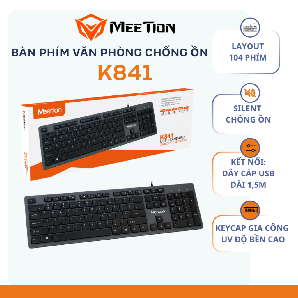 Bàn phím văn phòng chống ồn Meetion K841 fullsize 104 phím gõ êm ái, keycap gia công UV độ bền cao
