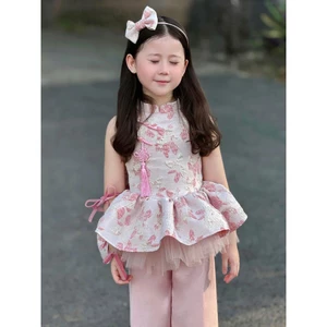 Sét Bộ áo gấm bé gái cao cấp phối quần ống rộng dài, thiết kế thanh lịch dễ thương cho mẹ bé