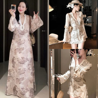 Đầm dài tay hoạ tiết nâu