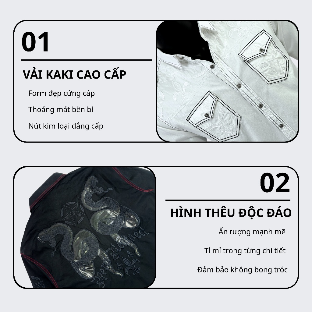 Sơ Mi Rock Classic Cao Cấp Thêu Họa Tiết Mãng Xà Chỉ Đỏ, Vải Kaki Tôn Dáng, Cúc Kim Loại Đẳng Cấp 72