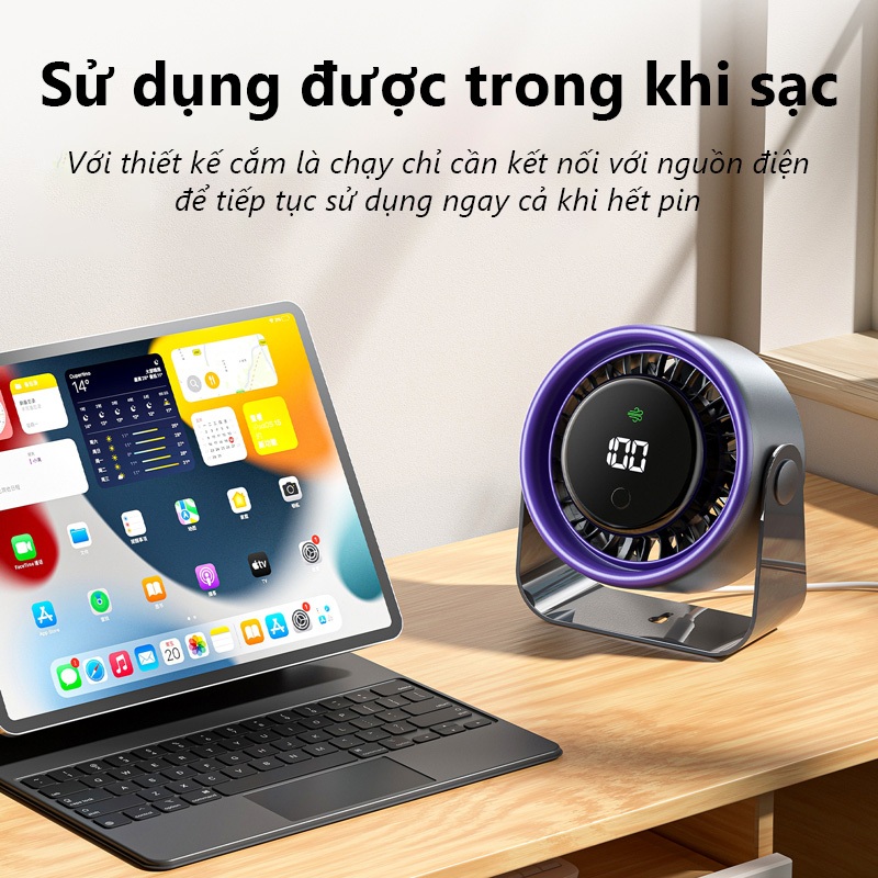 Quạt để bàn 2 trong 1 Vention, Màn hình hiển thị LED, Góc quay 120 độ, Dùng tới 9h, Có thể treo tường