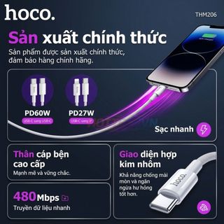 Cáp Sạc Nhanh 60W TypeC to TypeC Hoco THM206 Dây Bện Nylon Đầu hợp kim nhôm Chắc Chắn Dài 1m