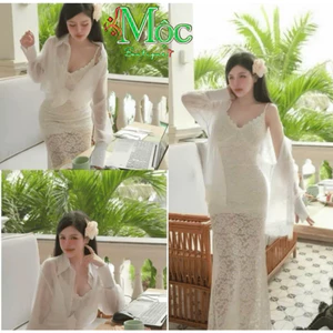 DX_ Set đi biển, set body Len ren đầm hai dây dáng dài kèm khoác tay dài sơ mi Tơ viền ren trắng
