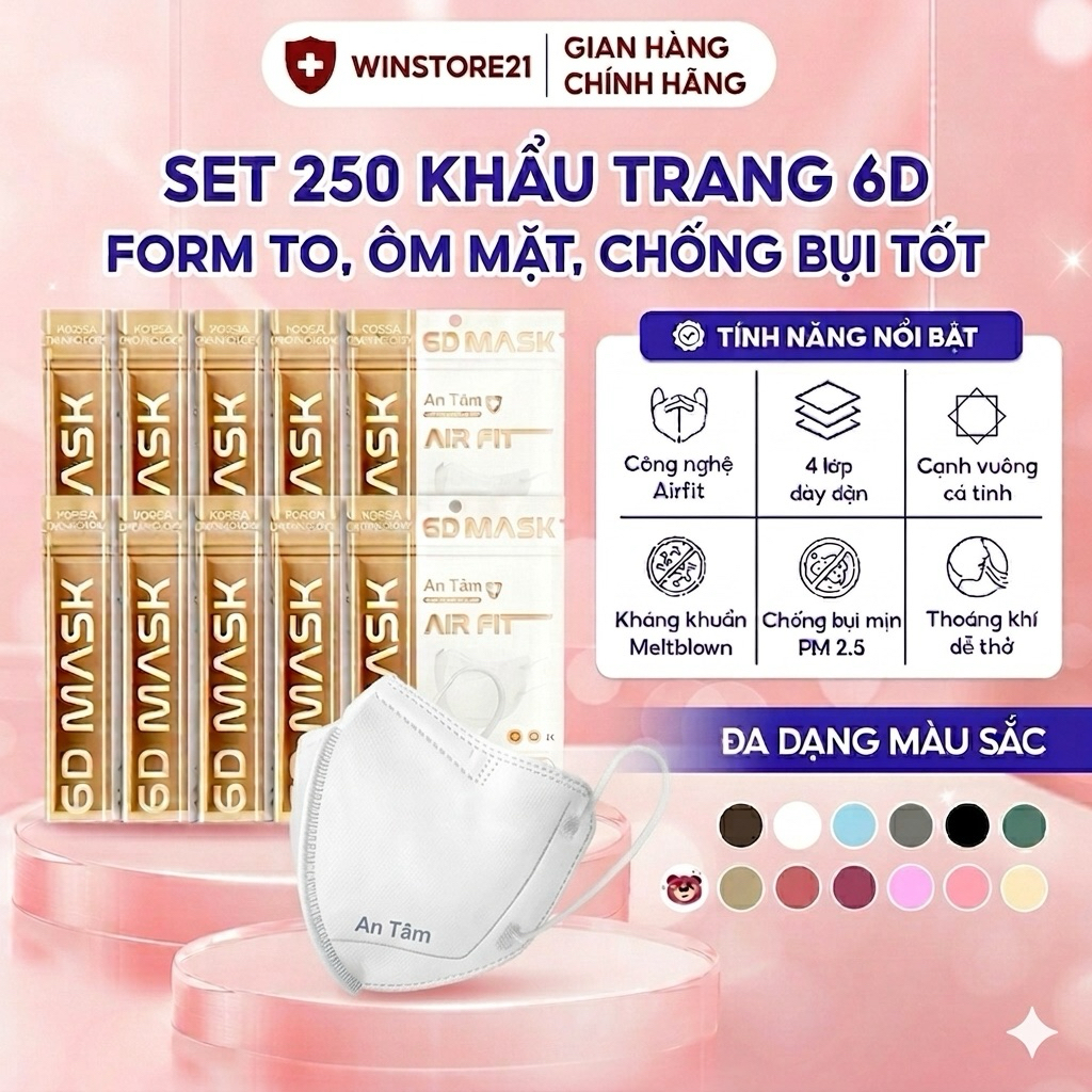 6D MASK - Set 250cái Khẩu trang y tế kháng khuẩn chính hãng An Tâm ôm sát khuôn mặt chống nắng