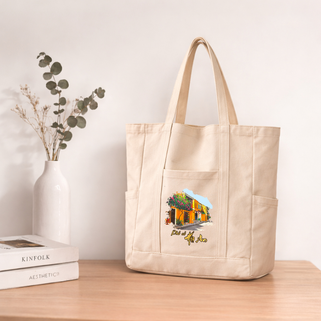 Túi tote có khóa kéo SIZE TO - túi vải tote đeo vai in hình phố cổ HỘI AN xưa có khóa kèm 3 ngăn phụ đựng đồ tuima077d
