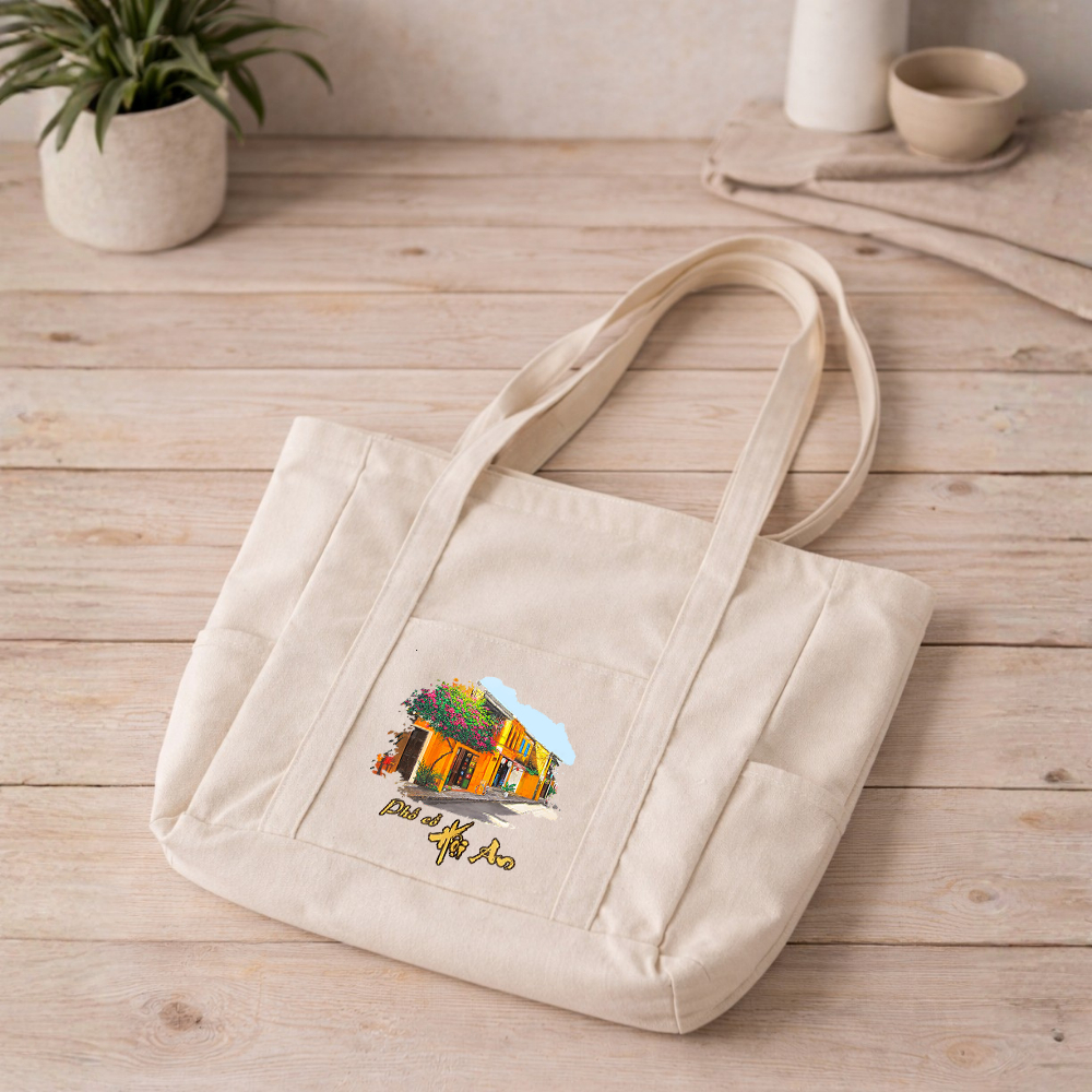 Túi tote có khóa kéo SIZE TO - túi vải tote đeo vai in hình phố cổ HỘI AN xưa có khóa kèm 3 ngăn phụ đựng đồ tuima077d