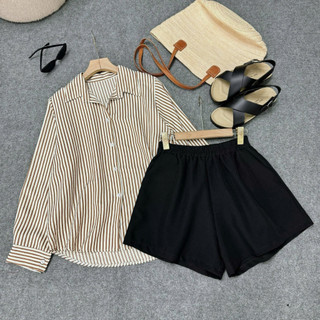Set Bộ Sơ Mi Bigsize Nữ Áo Somi Kẻ Sọc Mix Quần Đùi Năng Động Mặc Mát Cho Chubby A196+Q500