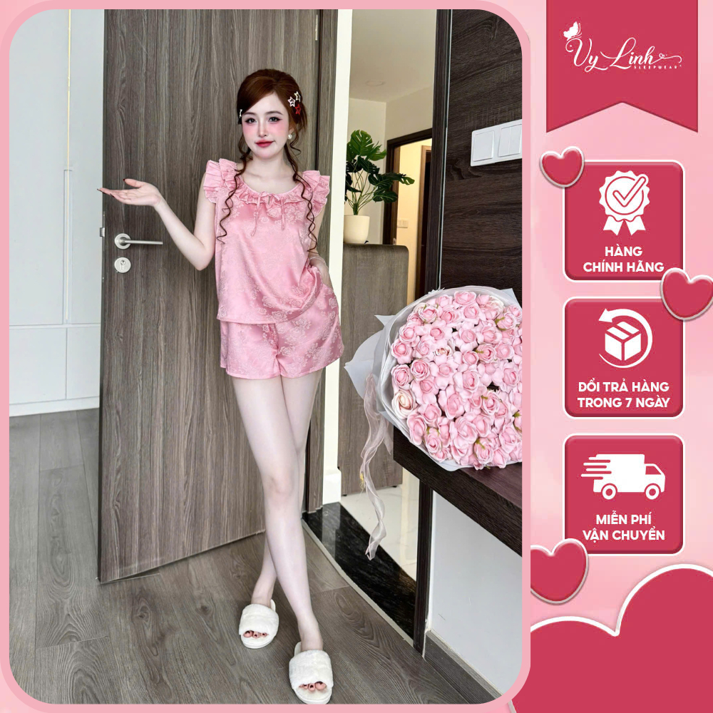Bộ đồ ngủ nữ Vy Linh quần đùi tay cánh tiên chất liệu gấm mềm mịn,thoải mái S1292