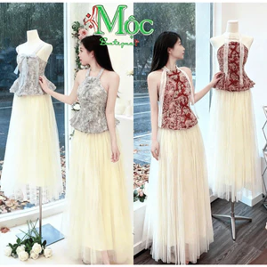 Đầm váy dài, đầm tiểu thư dự tiệc thiết kế dáng dài Xước hoa nổi dập cổ vuông tay búp đính hoa