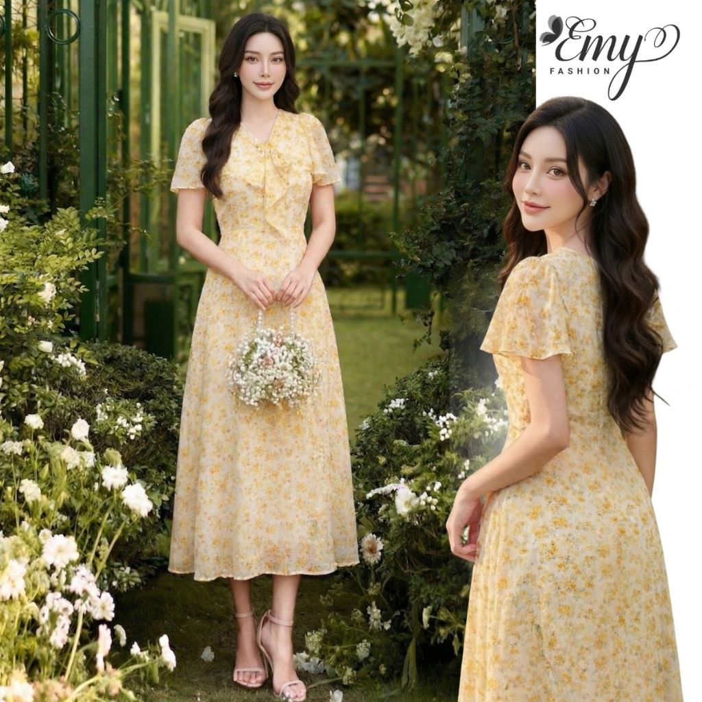 Đầm Voan Tơ Ép Cao Cấp EMY EX9766 - Thiết Kế Cổ V Sang Trọng, Thanh Lịch Cho Mẹ Đi Tiệc Du Lịch