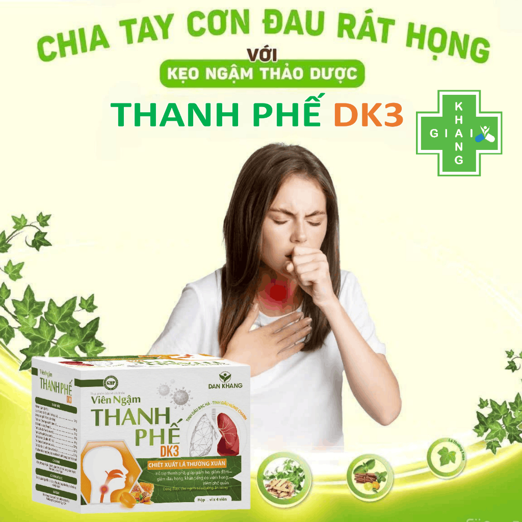 Viên ngậm thảo dược Thanh Phế DK3 hỗ trợ long đờm, giảm ho dùng được cho cả người tiểu đường (Hộp 40 viên)