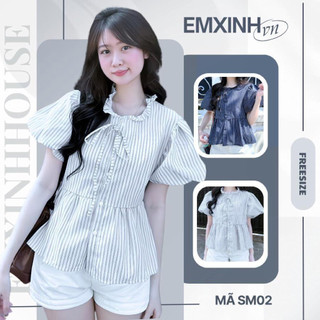 (DEAL MỞ BÁN) Áo Kiểu Nữ Sọc Nhí Cổ Bèo Thắt Nơ Tay Xòe Form Babydoll Freesize 2 Màu Thanh Lịch Dễ Phối - Áo Sơ Mi SM02